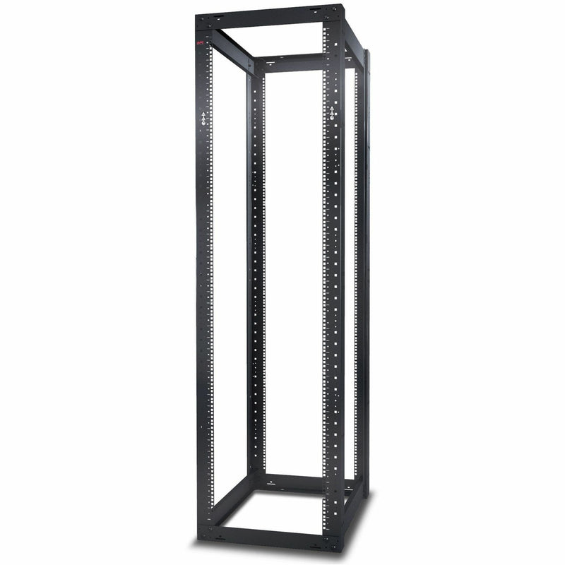 Front view of APC NetShelter 44U open frame rack showing full-height square hole mounting rails and sturdy black frame construction