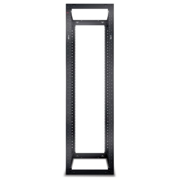 Front perspective of APC NetShelter open frame rack emphasizing unobstructed access and mounting rail design