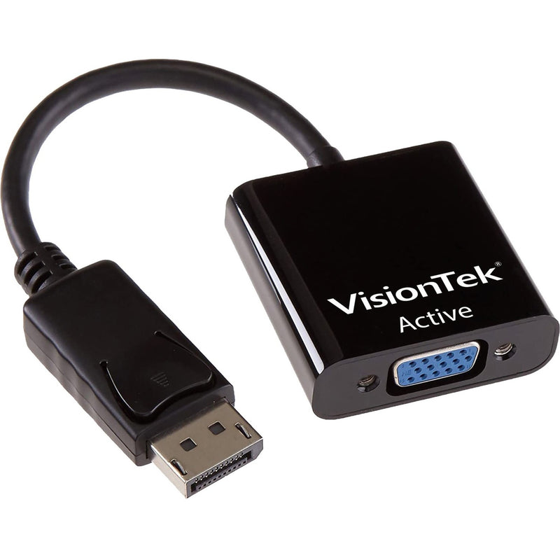 Angled view of VisionTek adapter showing DisplayPort and VGA connections with branding visible