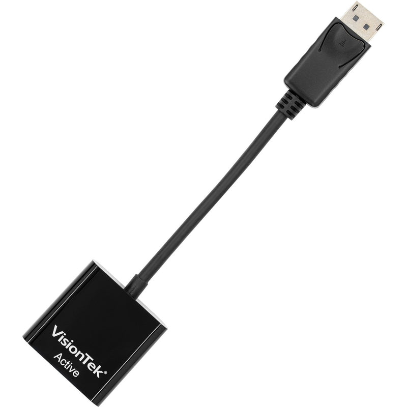 VisionTek DisplayPort to VGA Active Adapter shown in straight orientation with black housing and DisplayPort connector