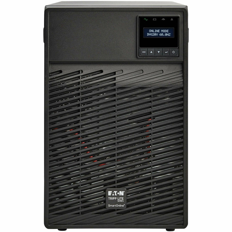 Front view of Tripp Lite SmartOnline UPS showing LCD display interface with online mode status