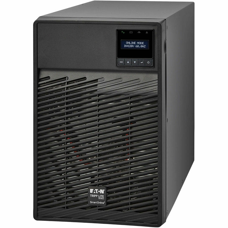 Angled view of Tripp Lite SmartOnline UPS showing tower design with LCD display