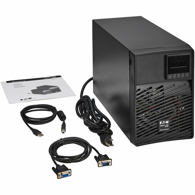 Tripp Lite SmartOnline UPS system with included USB cable, serial cable, and user documentation