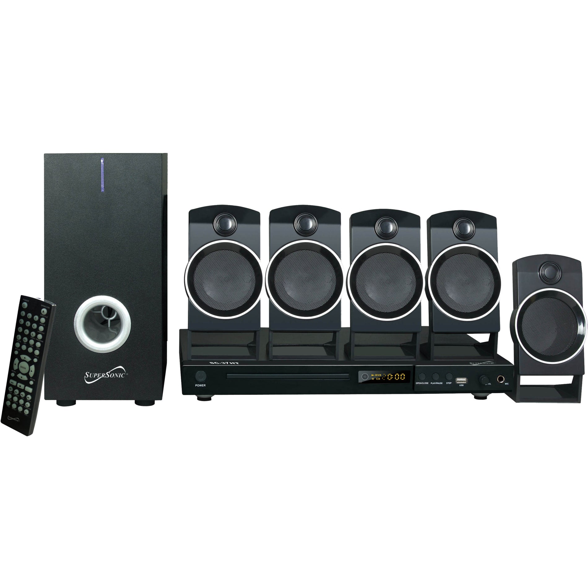 Supersonic SC-37HT 5.1 Channel DVD Home Theater System with USB Input & Karaoke Function, 25W RMS Output Power, SVCD, VCD, DVD Video Formats
