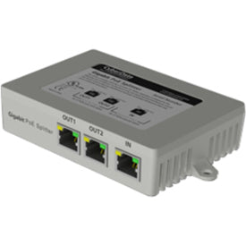 CyberData 2-Port PoE Gigabit Switch showing front panel with two Ethernet ports and status indicators in light gray housing