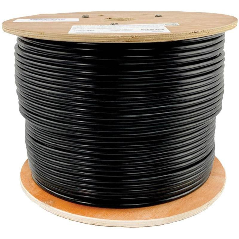 Large wooden spool containing 1000 feet of black Cat5e network cable