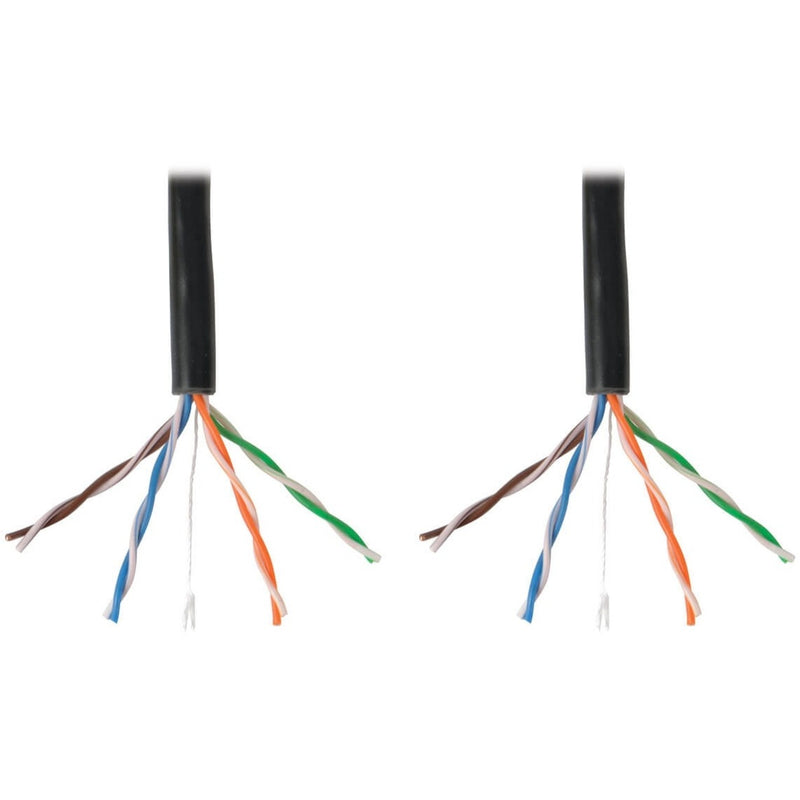 Close-up view of Cat5e cable internal wiring showing four twisted pairs with color coding