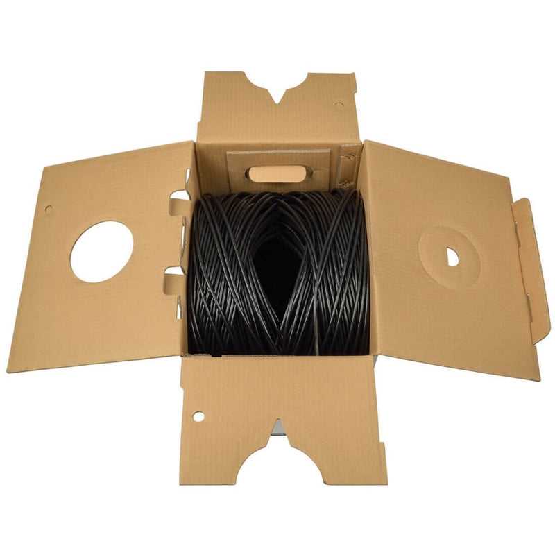 Open cardboard pull box showing organized Cat5e cable ready for dispensing