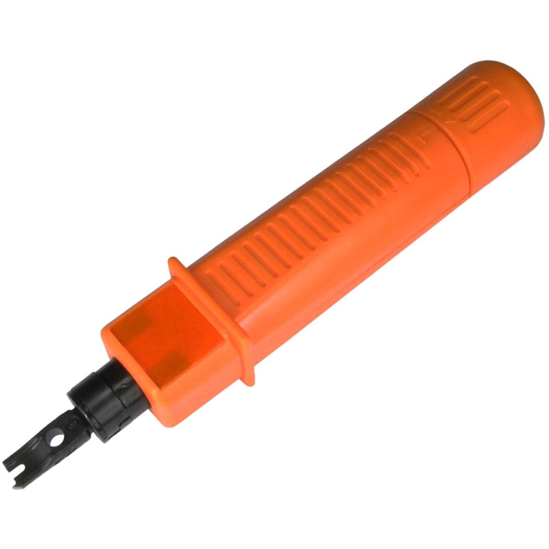 Orange network punchdown tool with black blade attachment showing ergonomic grip design and built-in blade storage