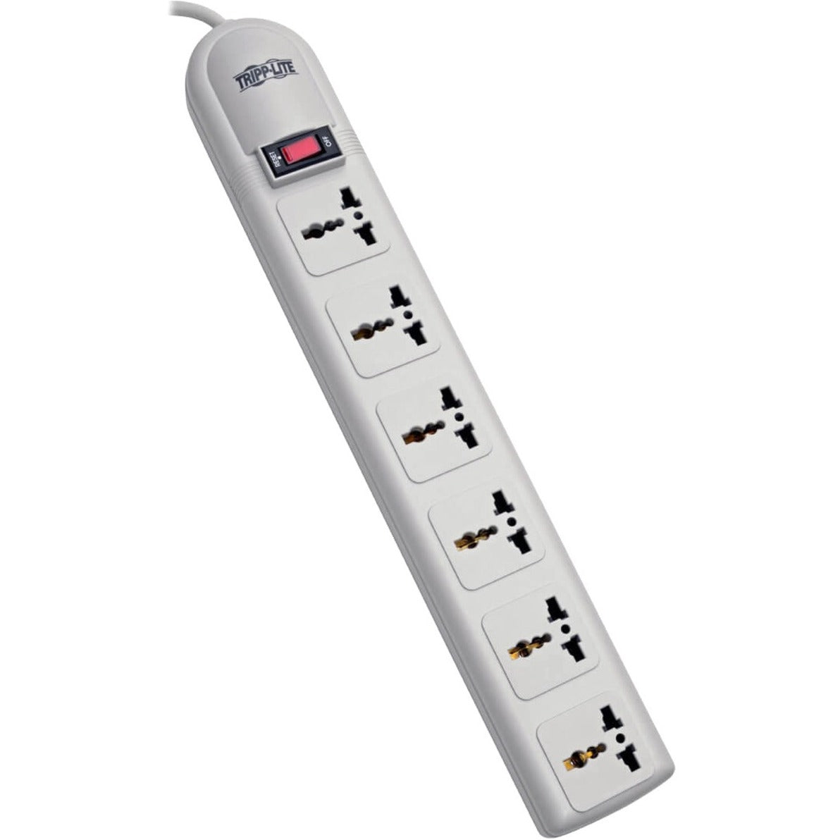 Front view of Tripp Lite surge protector showing six universal outlets and power switch-alternate-image1