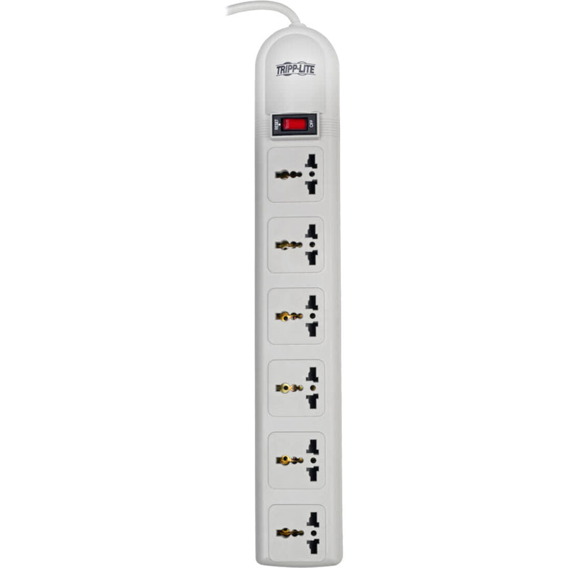 Full-length view of Tripp Lite surge protector displaying all universal outlets