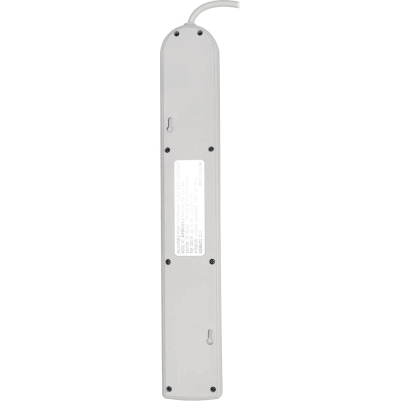 Rear view of Tripp Lite surge protector showing mounting holes and specification label