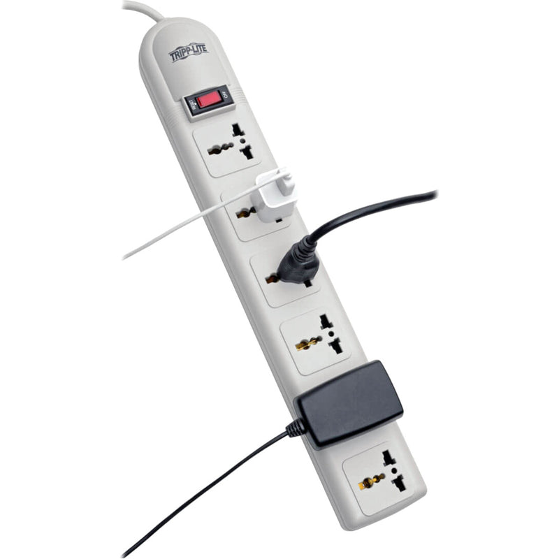 Angled view of Tripp Lite surge protector showing cable management features