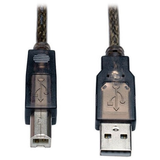 Close-up view of USB Type-A and Type-B connectors with transparent housing showing gold-plated contacts