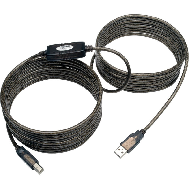 25-foot Tripp Lite USB 2.0 active cable with signal repeater shown coiled with black housing