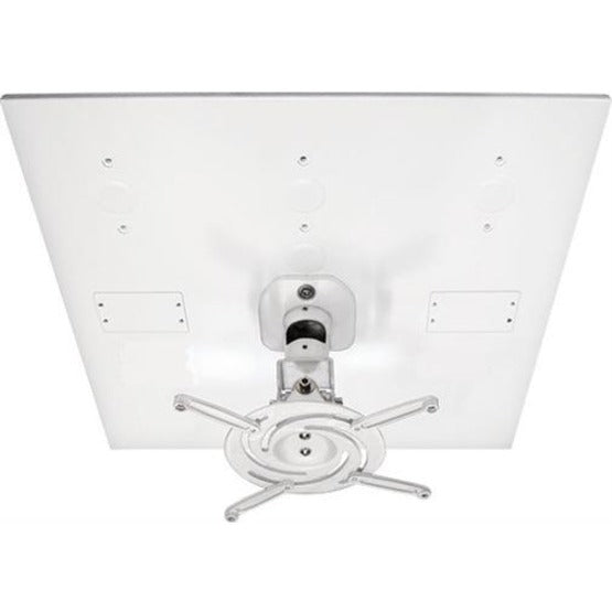 Bottom view of white ceiling mount panel with integrated universal projector mounting system showing spider arms and adjustment mechanisms