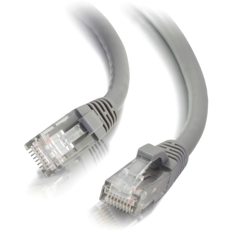 Close-up view of RJ-45 connectors on gray Cat6 ethernet cable showing snagless boot design