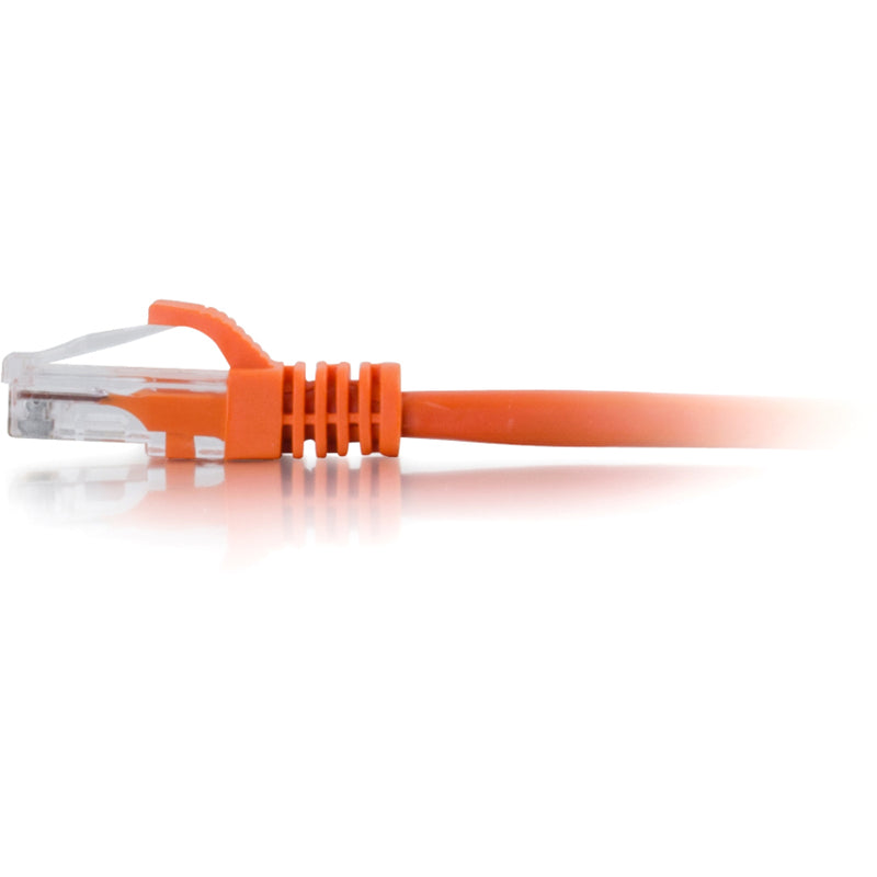 Side profile of orange Cat6 ethernet cable showing strain relief boot and cable jacket