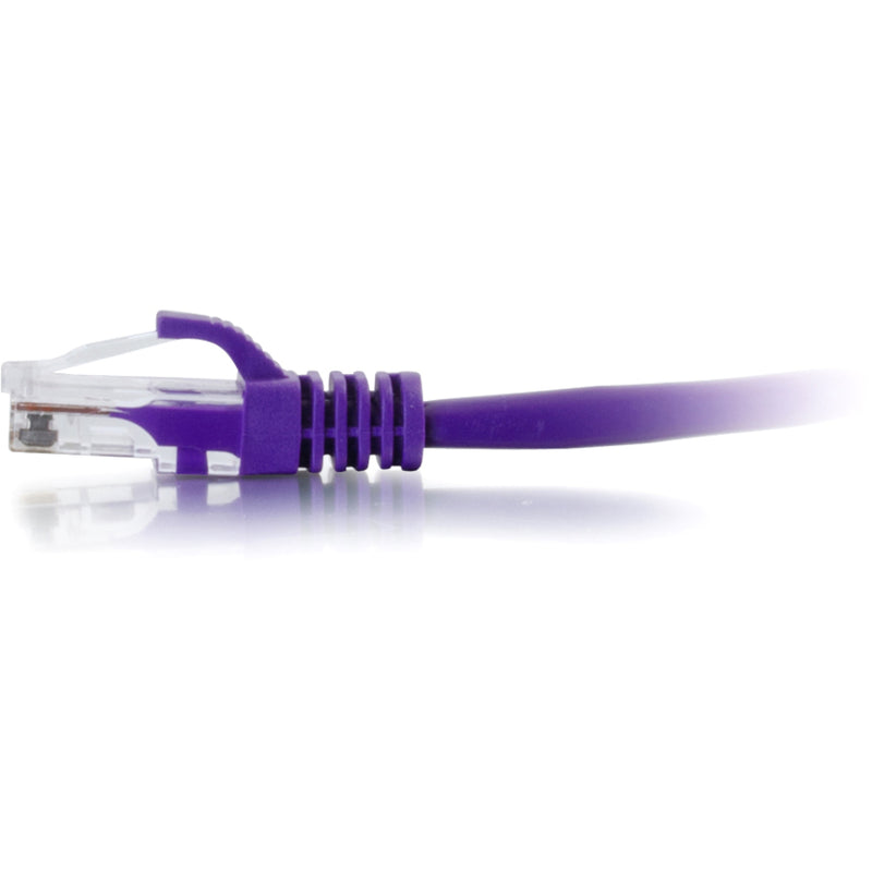 Side profile of purple Cat6 ethernet cable showing strain relief and cable jacket construction