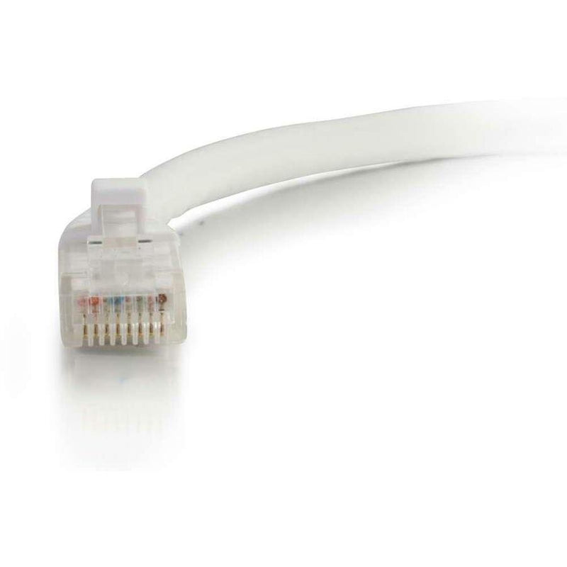 Close-up view of transparent RJ-45 connector showing internal wiring configuration on white Cat6 ethernet cable