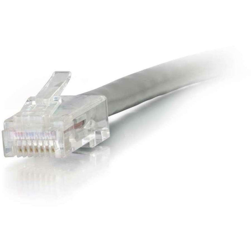 Detailed view of Cat6 ethernet cable connector showing internal copper conductors and gray cable jacket