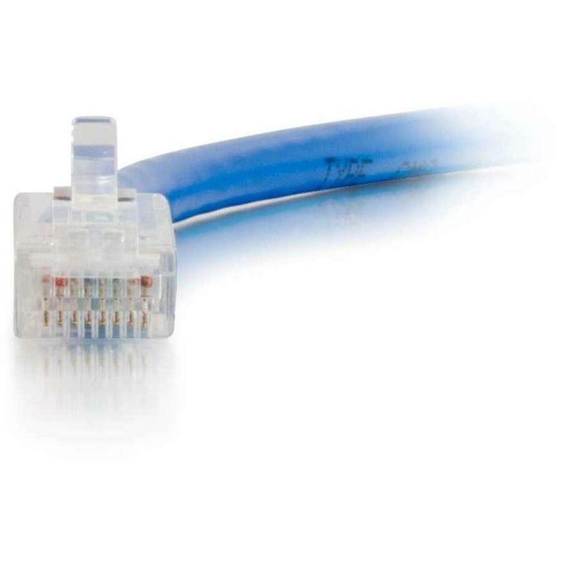 Detailed view of RJ-45 connector pins and internal wiring on blue Cat6 network cable