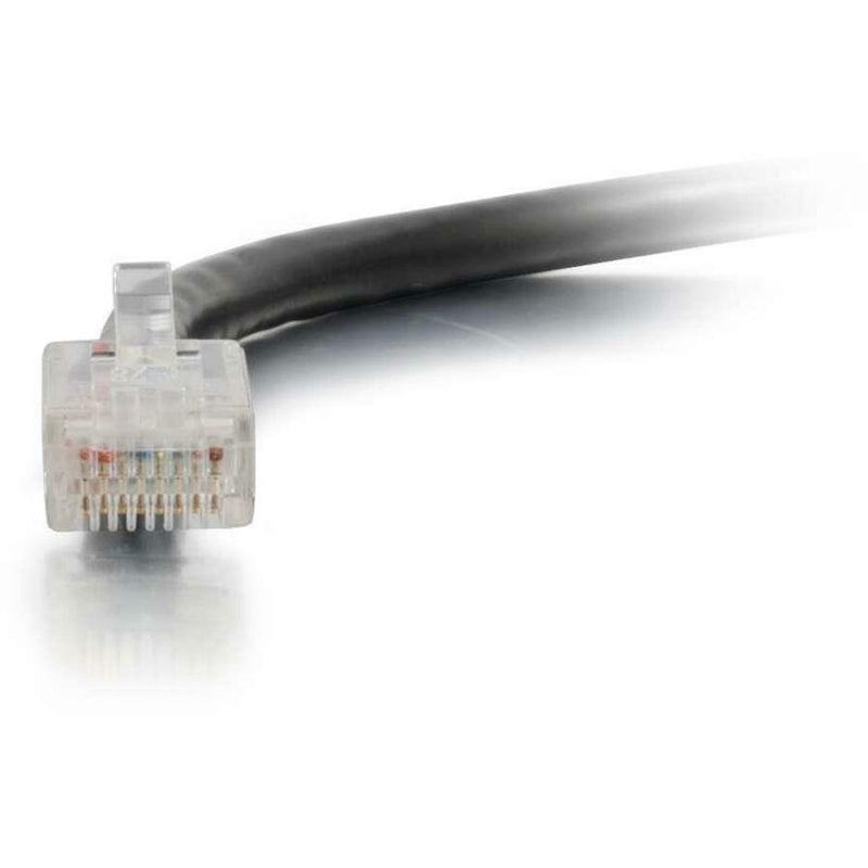 Detailed view of RJ-45 connector pins and internal wiring arrangement on Cat6 ethernet cable