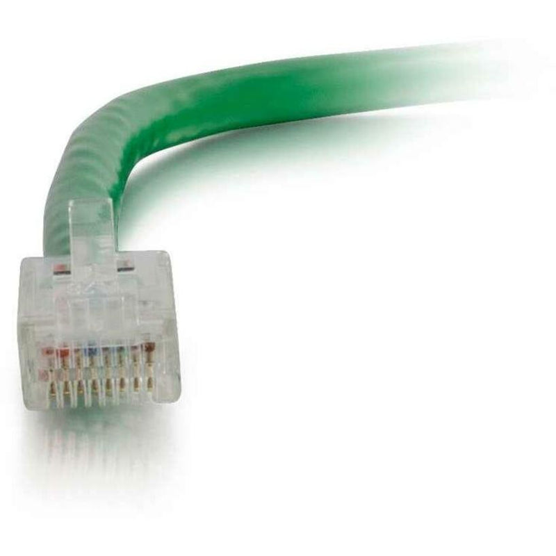 Close-up view of transparent RJ-45 connector on green Cat6 cable showing contact pins