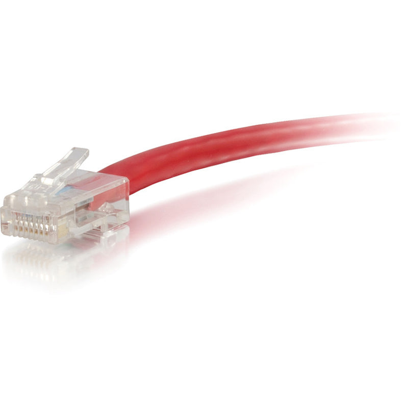 Angled view of RJ-45 connector showing internal wiring and red cable construction