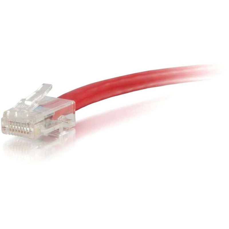 Close-up view of transparent RJ-45 connector on red Cat6 network cable showing internal wiring configuration