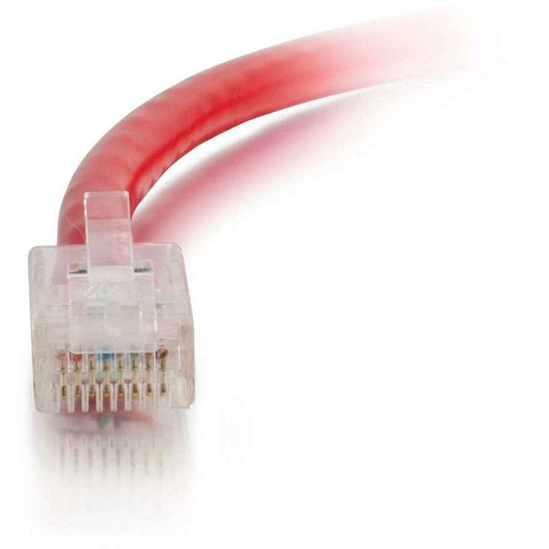 Detailed view of RJ-45 connector pins and internal wiring arrangement on red Cat6 cable