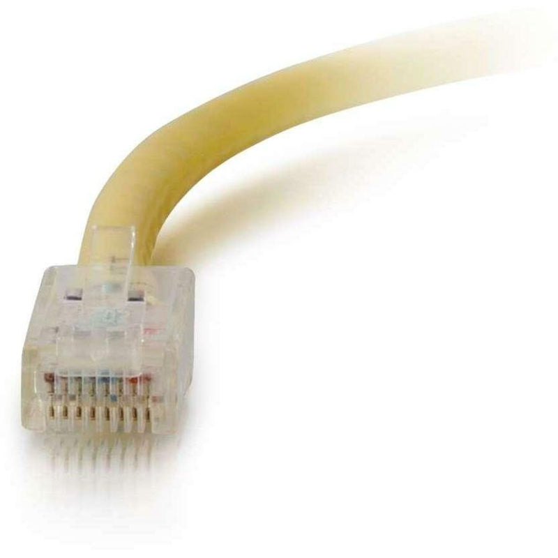 Detailed view of RJ-45 connector pins and yellow cable showing internal wiring arrangement