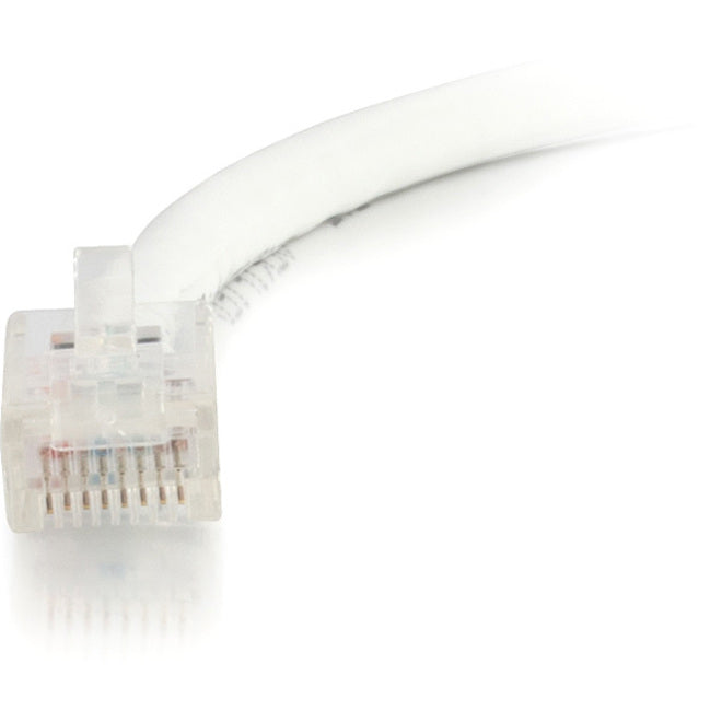 Profile view of white Cat6 ethernet cable connector showing compact design