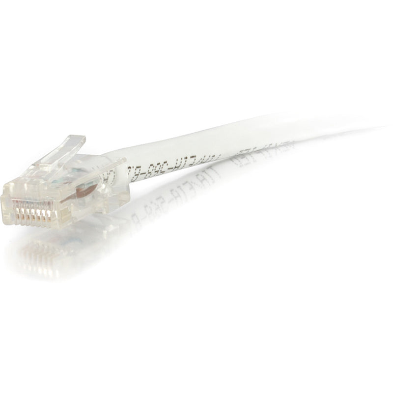 Angled view of white Cat6 ethernet cable connector highlighting internal construction