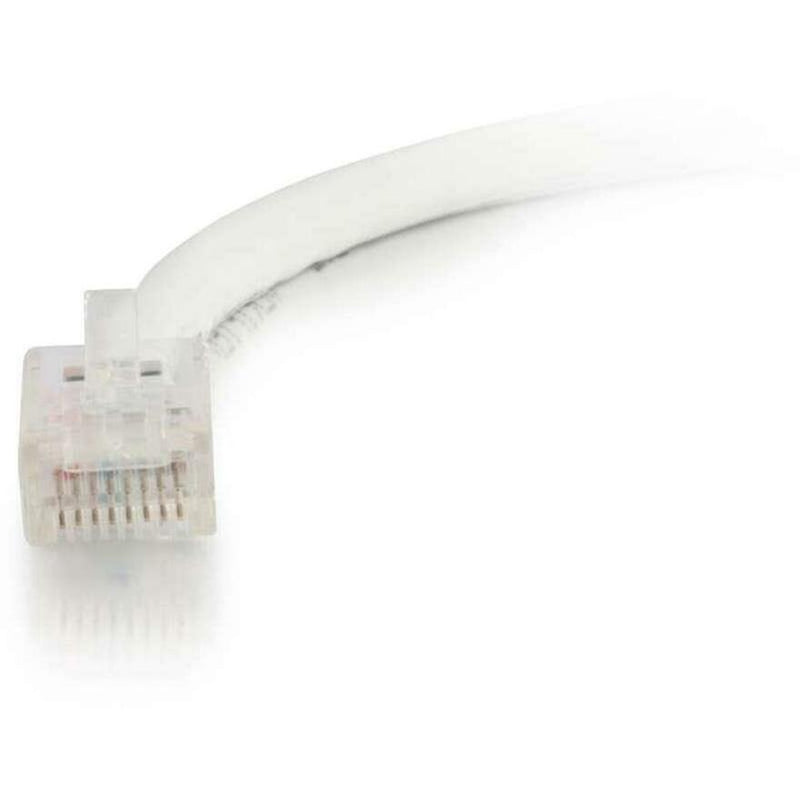 Side angle view of white Cat6 ethernet cable connector showing strain relief boot