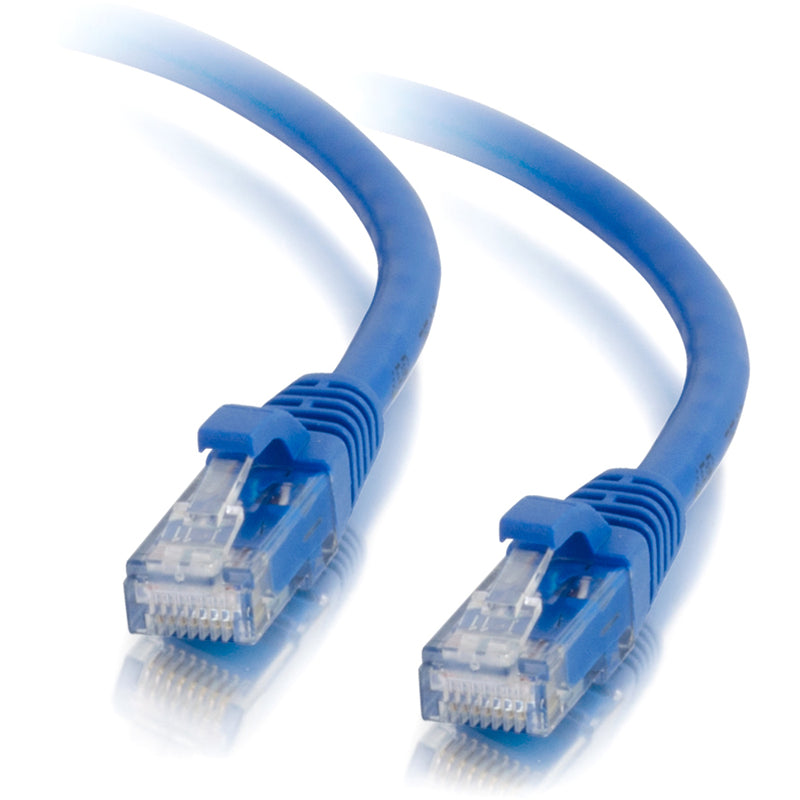 Full view of blue Cat5e patch cable showing both RJ-45 connectors with snagless boots