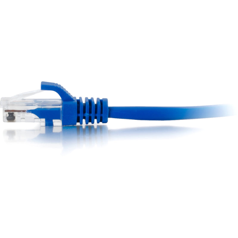 Side profile of blue Cat5e cable showing snagless boot design and strain relief