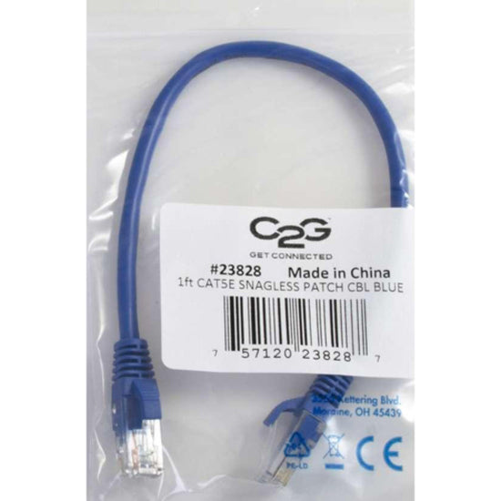 C2G Cat5e cable in retail packaging showing certification labels and product information