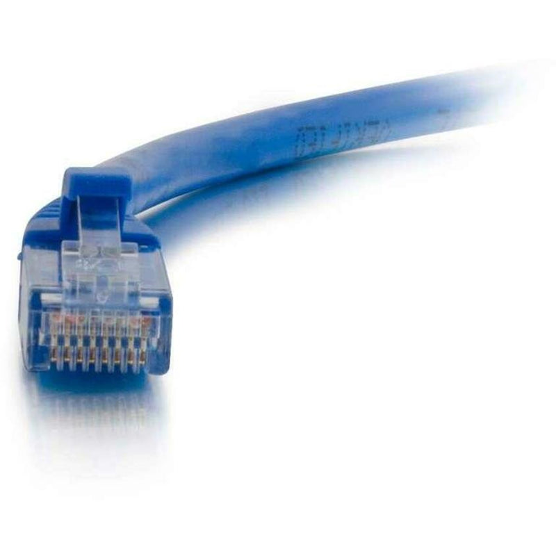 Detailed view of RJ-45 connector pins and internal wiring on Cat5e cable