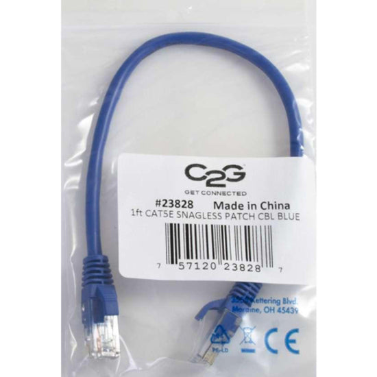 C2G Cat5e network cable in sealed package showing product specifications and certifications