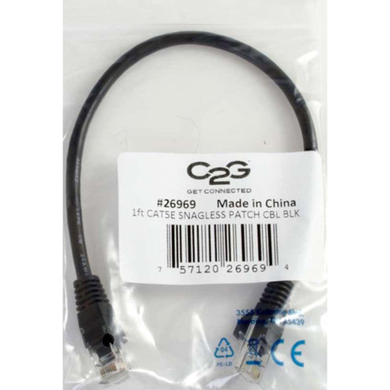 C2G Cat5e network cable in sealed packaging showing product label and certifications