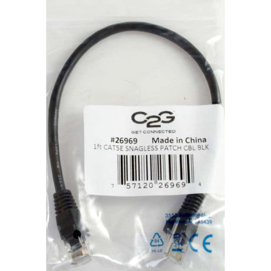 C2G Cat5e network cable in retail packaging showing product labeling and certifications