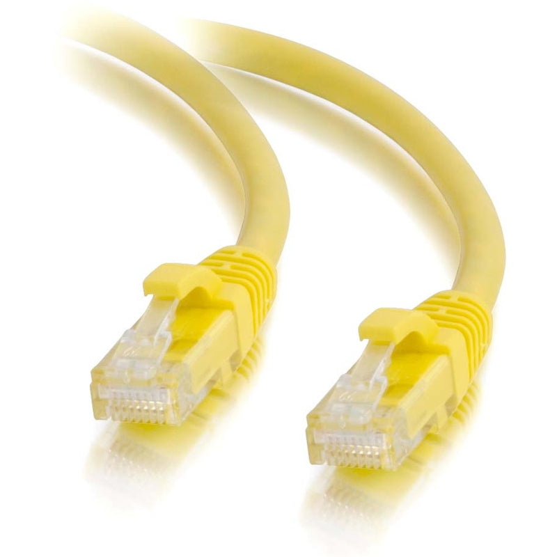 Dual ended view of yellow Cat5e ethernet patch cable connectors