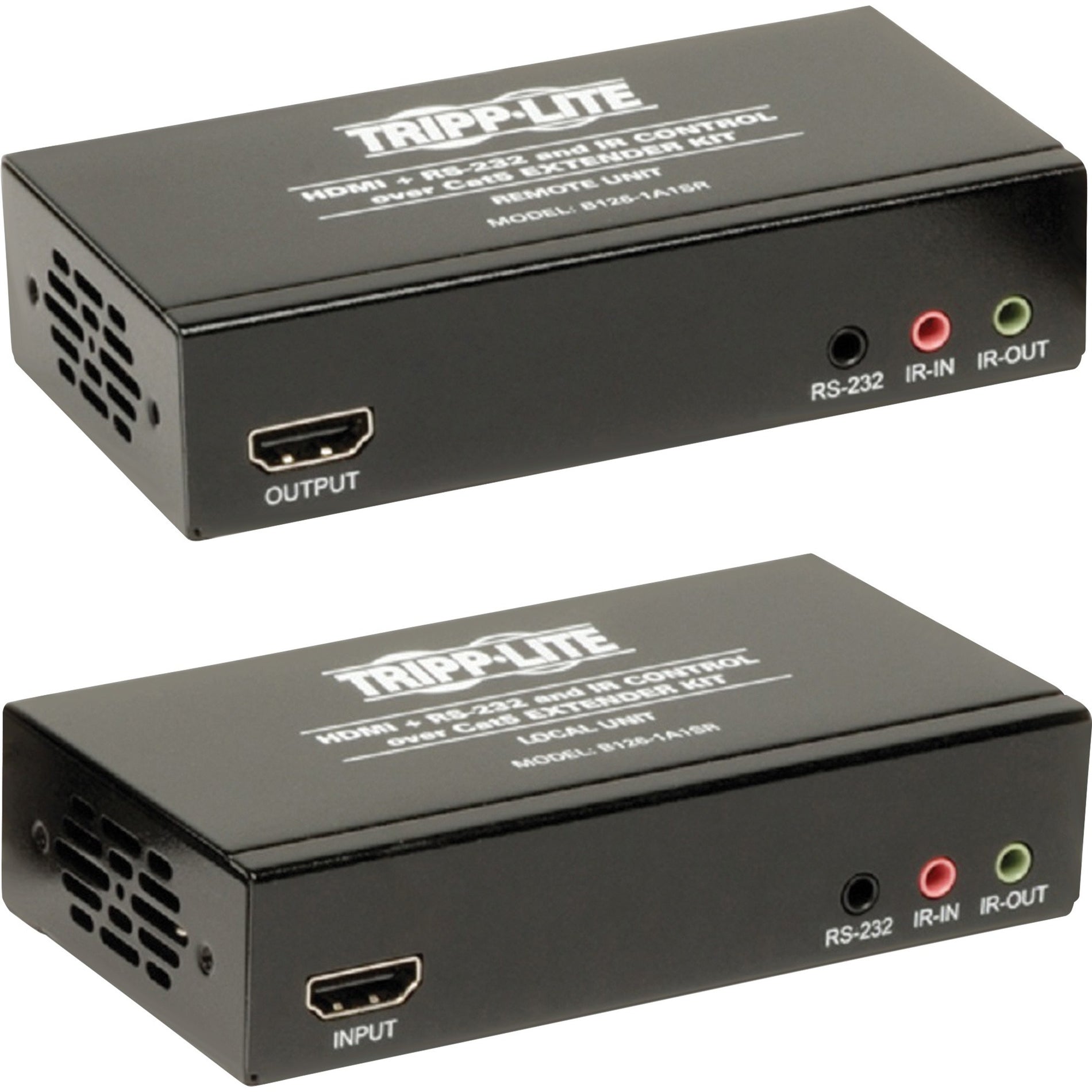 Front view of Tripp Lite B126-1A1SR HDMI extender transmitter and receiver units showing HDMI ports, RS-232, and IR control interfaces-alternate-image1