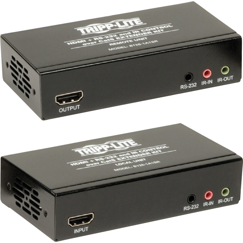 Front view of Tripp Lite B126-1A1SR HDMI extender transmitter and receiver units showing HDMI ports, RS-232, and IR control interfaces