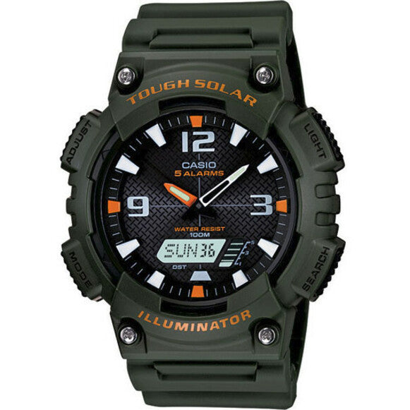 Casio AQS810W-3AV solar-powered watch in olive green with analog-digital display, featuring orange accents and rugged protective bezel-alternate-image1