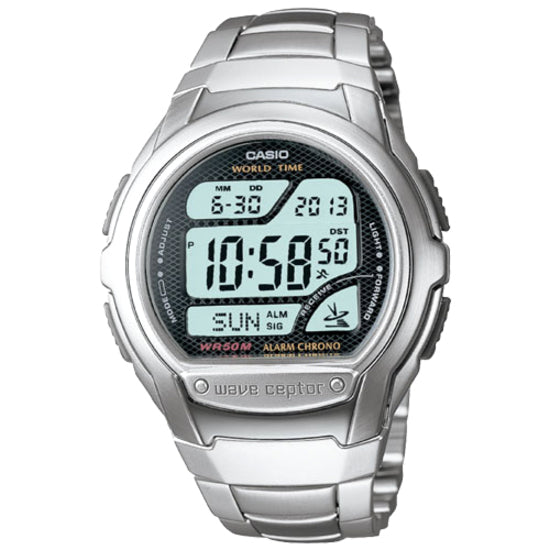 Casio WV58DA-1AV digital watch with silver metal band, black LCD display showing time, date, and multiple functions-alternate-image1