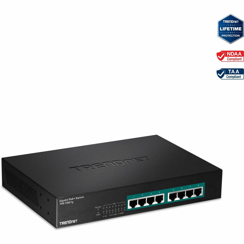 TRENDnet TPE-TG81g 8-port Gigabit PoE+ switch front view showing ports and status indicators