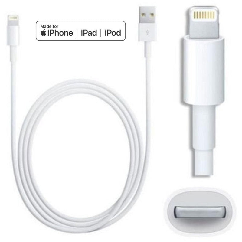 Full view of white Lightning cable showing cable length, connectors, and strain relief design