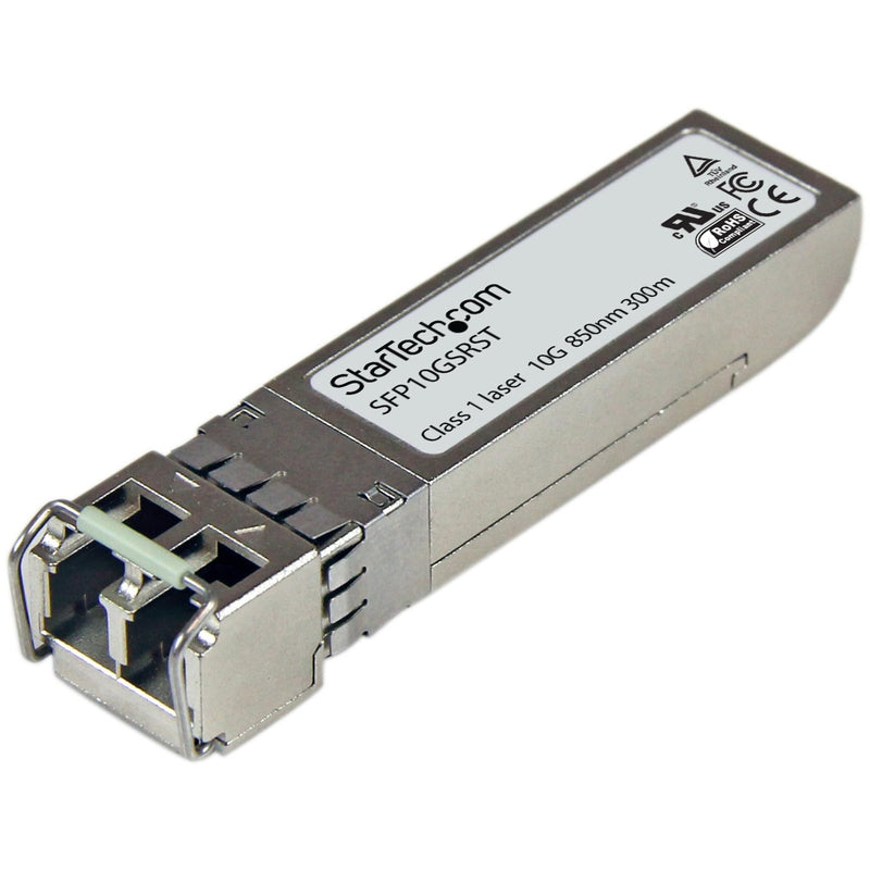 StarTech.com SFP10GSRST 10GBase-SR fiber transceiver module with LC connector interface, showing product labeling and metal housing